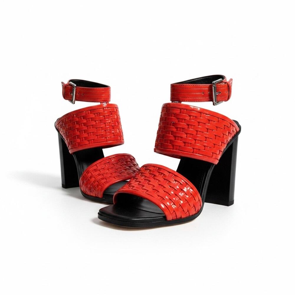 Sigerson Morrison Leather Braided High Black Heels Woven Sandal Red Size 6 NWOB